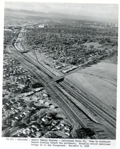 Colorado - Denver Valley Highway - Interstate 25.  View of southeast Denver looking toward the northwest. Franklin Street underpass bridge is in the foreground.  November 4, 1958