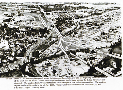 Idaho - This revised photograph shows the proposed Interstate spur and the adjoining primary section on the west side of Boise.  In the lower righthand corner the bridges across the Boise River are constructed.  The portion from Orchard Street to these bridges is now under construction.  The portion beyond Orchard Street is to be let July 1967.  The project under construction is U-3281(14) and I-IG-80N-1(25)50, now Inerstate 184, looking west.
