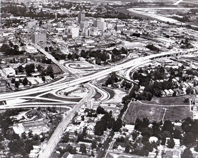 Louisiana - The Shreveport Expressway, part of Interstate Route 20, skirts the southwest edge of the city's downtown area.  (Under construction when photographed.)