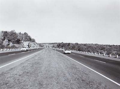 Massachusetts - Massachusetts Turnpike Interstate 95 showing wide median and long straight alignment.