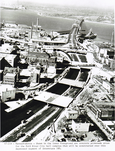 Massachusetts - Shown in the lower foreground are concrete promenade areas for the Fall River City complex that will be constructed over this depressed segment of Interstate I-95.