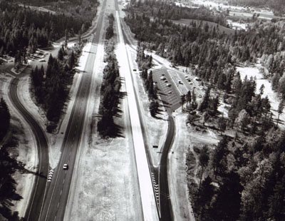 Oregon- Cow Creek Safety Rest Area was the site of the I-5 dedication ceremonies about 29 miles north of Grants Pass.  Looking south, showing the twin installations of the area.