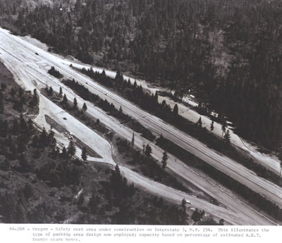 Oregon - Safety rest area under construction on Interstate 5, milepost 236.  This illustrates the type of parking area design now employed; capacity based on percentage of estimated A.D.T. twenty years hence.