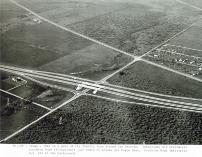 Texas- This is a part of the 55-mile loop around San Antonio.  I-410 overpasses Southton Road (foreground) just south of Brooks Air Force Base. Southton Road intersects US 181 in the background.