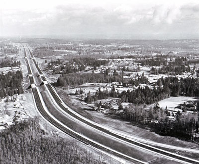 Interstate 5 in Washington has cut travel time between Seattle and Everett by 30 percent. (Construction incomplete when photographed)