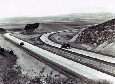 Interstate Route 80 a few miles east of Laramie, Wyo., was designed with independent roadways to overcome economically the difficult topography.