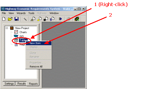 HERS-ST Screen Shot: Application Window - showing how to create a new table. Step 1 and 2 Right click on Table, select new item.
