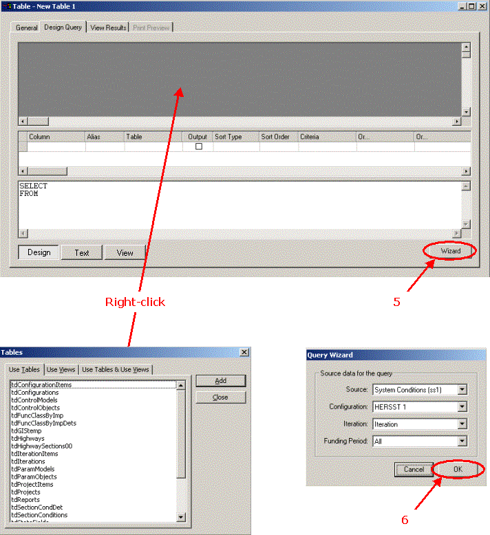 HERS-ST Screen Shot: Table design query view and pop-up table window and table query wizard. Right click in blank area to get list tables.  Step 5 select wizard button. Step 6 Query Wizard.