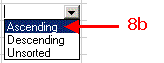 HERS-ST Screen Shot: Down menu for the sort type column from the table query viewer. Step 8b select ascending