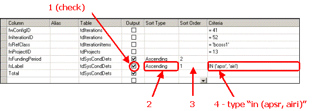 HERS-ST Screen Shot: Table query viewer - showing how to use the IN function to add multiple data items to the table. Step 1 check output for fsLabel.  Step 2 sort ascending. Step 3 Sort Order 1.  Step 3 enter in(apsr, airi) in Criteria for fsLabel