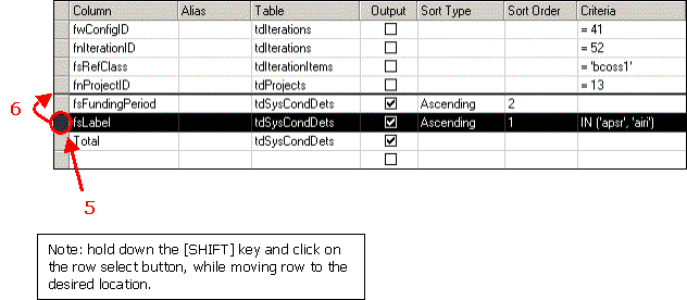 HERS-ST Screen Shot: Table query viewer - showing how to change the column order.  Hold down the shift key and click on the row select button while moving row to the desired location.