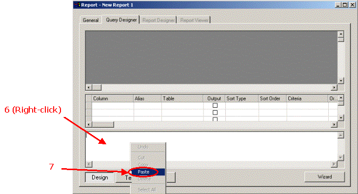 HERS-ST Screen Shot: Report query designer -  showing how to paste SQL text in the SQL viewer.  Step 6 right click in editor area.  Step 7 paste.