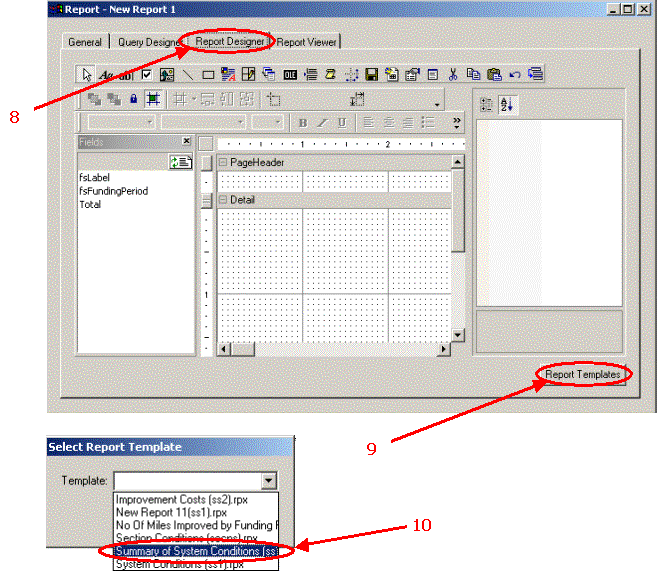 HERS-ST Screen Shots: Report Designer - showing the report templates button and  Select report template window. Step 8 select report designer tab. Step 9 Select report template button.  Step 10 select report template. 
