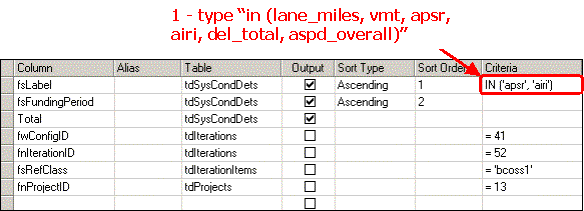 HERS-ST Screen Shot: Report query viewer - showing how to add additional variables to the IN statement.  Step 1 type in (lane_miles, vmt, apsr, airi, del_total, aspd_overall)