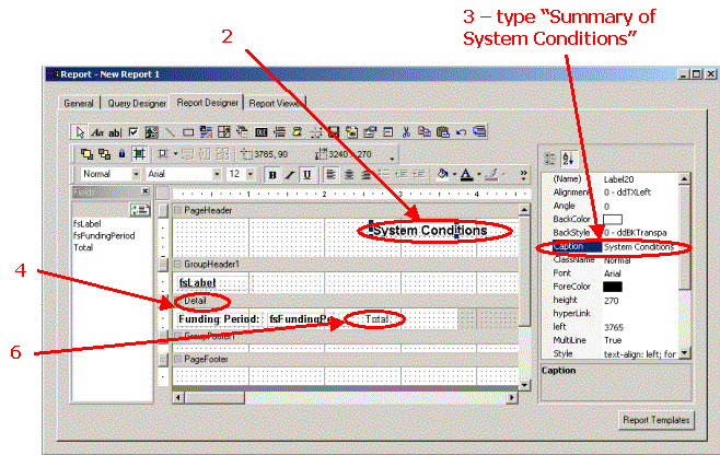 HERS-ST Screen Shot: Report designer tab - showing how to modify the report. Step 2 page header - system condition.  Step 3 type in summary of system conditions for caption.  Step 4 detail section.  Step 6 Total