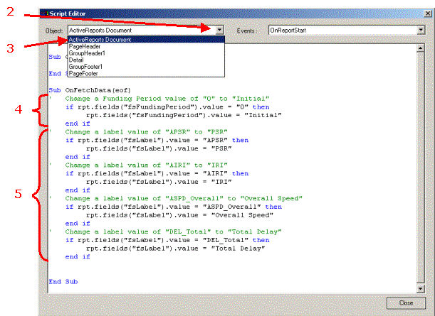 HERS-ST Screen Shot: BASIC script editor. Step 2 select object.  Step 3 pick object from list.  Step 4 and 5 edit script.