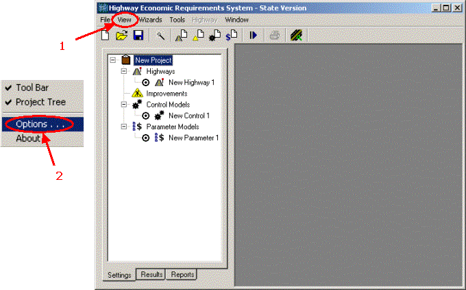 HERS-ST Screen Shot: Application Window - showing how to view the Options Menu. Step 1 select view menu item.  Step 2 select option