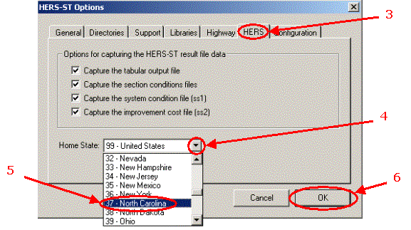 HERS-ST Screen Shot: HERS-ST Options Menu - showing how to change the Home State. Step 3 select HERS tab.  Step 4 Select Home State.  Step 5 Select State.  Step 6 select ok