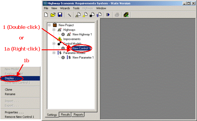 HERS-ST Screen Shot: Application Window - showing the Project Tree and the steps for running the Control Wizard and changing the Control settings. Step 1 double click on new control 1 or right click select display