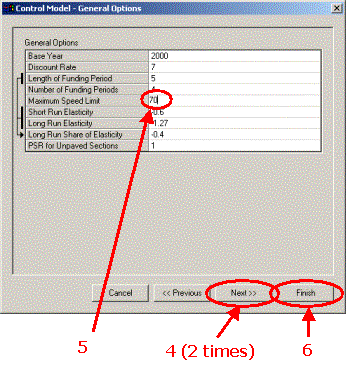 HERS-ST Screen Shot: Control Model Wizard - General Options screen showing how to change the maximum speed limit. Step 4 - select Next two times Step 5 ender Maximum speed limit.  Step 6 select finish.