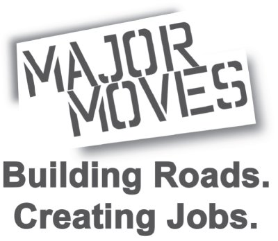 A slogan sign that states: MAJOR MOVES Building Roads. Creating Jobs.