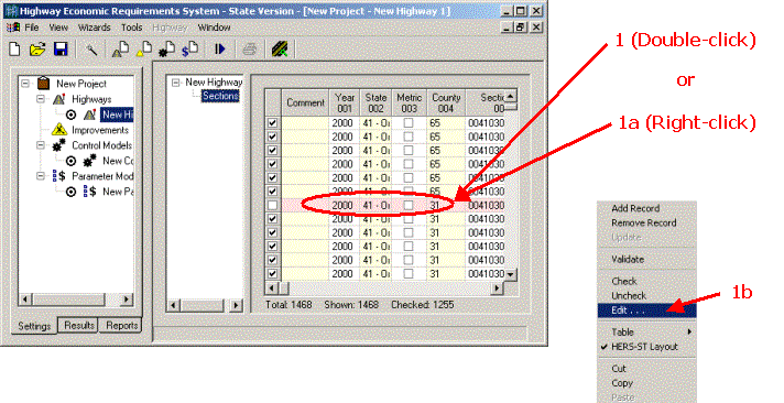 HERS-ST Screen Shot: Application Window - showing how to pull-up the Section Editor and highway section pop-up menu. Step 1 double click on a county record or right click edit.