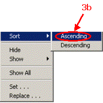 HERS-ST Screen Shot: column heading pop-up menu expanded to show sort options. Step 3b select sort - ascending