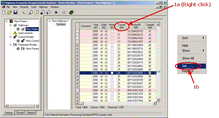 HERS-ST Screen Shot: Application Window - showing how to access and use the set and replace functions and column heading pop-up menu. Step 1a right click on county select set.