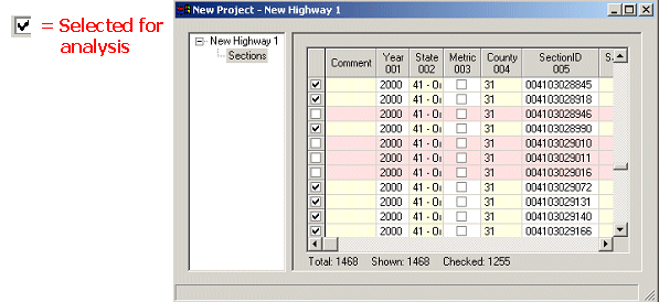 HERS-ST Screen Shot: Highway Data Window. Check box from Highway Data Window, which indicated that the section is selected for analysis.