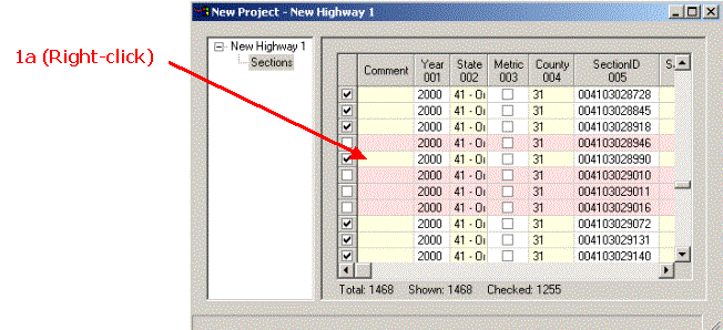 HERS-ST Screen Shot: Highway Data Window - showing how to query and select highway sections. Step 1a right click on record
