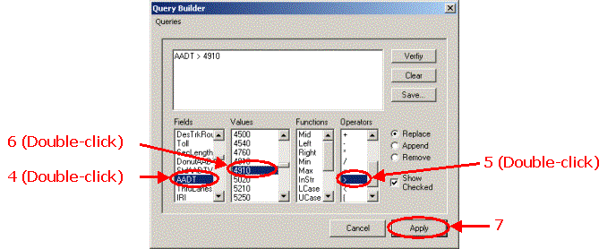 HERS-ST Screen Shot: Highway Data Query Builder - showing how to build a query. Step 4 double click on AADT. Step 5 double click on Operator. Step 6 double click on values.  Step 7 select apply button.