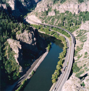 Aerial view of I-70 in Glenwood Canyon, east of Glenwood Springs