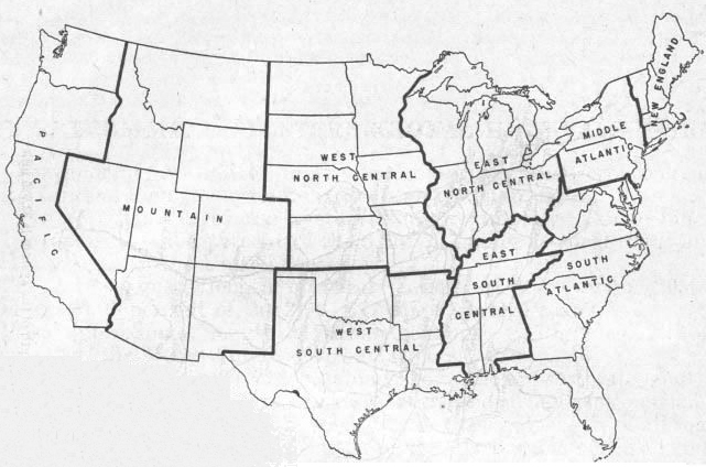 When Thomas H. MacDonald displayed this map of the Regions of the United States during testimony before the House Committee on Roads, he unexpectedly doomed the use of the word "Interregional" in the name of the new expressway system he advocated. A footnote in Interregional Highways (1944) explained, "These regions are composed of contiguous States grouped together by the United States Bureau of the Census because of generally similar population and economic characteristics."