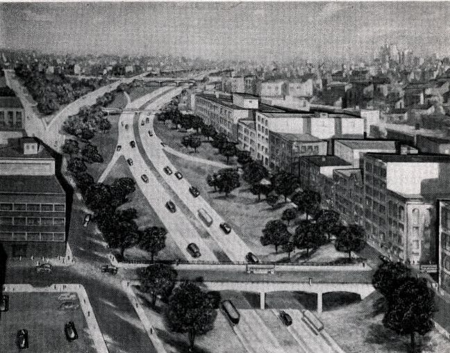Typical view of an interstate highway of the future in a large city. The divided expressway is built within a wide right-of-way.  The route is depressed to pass under bridges carrying cross traffic.  Ramps with gentle grades connect with bordering frontage streets.