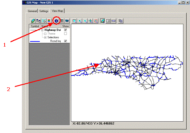 HERS-ST Screen Shot: GIS Map Window - showing how to access the Section Data Window.