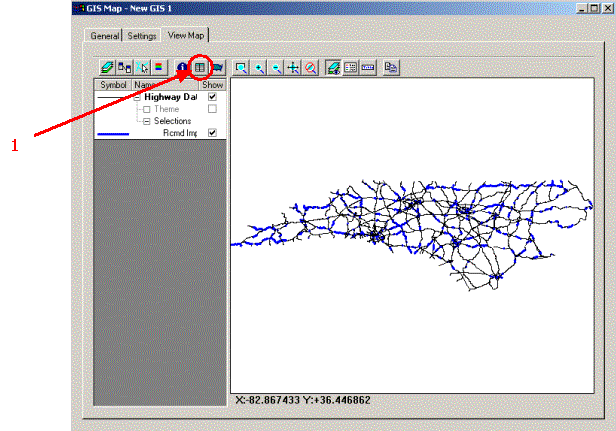 HERS-ST Screen Shot: GIS Map Window - showing how to access the Highway Data Layer Window.