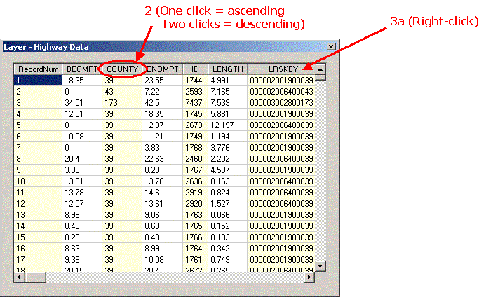 HERS-ST Screen Shot: Data sorting.  Step 2 on county header, one click ascending, two clicks descending.  Step 3 right click on LRSKEY header.