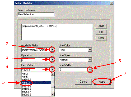 HERS-ST Screen Shot: Selection Builder Window. Step 2 select available fields.  Step 3 select operators.  Step 4 select field values.  Step 5 pick from field values list.  Step 6 select line width.  Step 7 select apply.