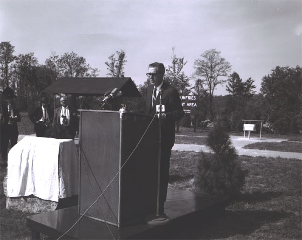 During dedication of the Dumfries Wayside Shelter, Federal Highway Administrator Rex Whitton introduced Lady Bird Johnson, calling her the "inspiration" for President Lyndon Johnson's America the Beautiful campaign.
