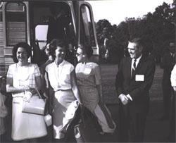 (Left to right) Mrs. Lady Bird Johnson, Mrs. Mary Connor (wife of Secretary of Commerce John T. Connor), Mrs. Callie Maud Whitton, and Federal Highway Administrator Rex Whitton before boarding the bus for the Landscape-Landmark Tour.