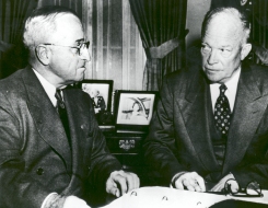 At the White House, President Harry S. Truman (left) and President-Elect Dwight D. Eisenhower on November 19, 1952, discuss the upcoming transfer of power.  Biographer Stephen E. Ambrose described the meeting as 'stiff, formal, embarrassing, and unrewarding'. Photo courtesy Dwight D. Eisenhower Library