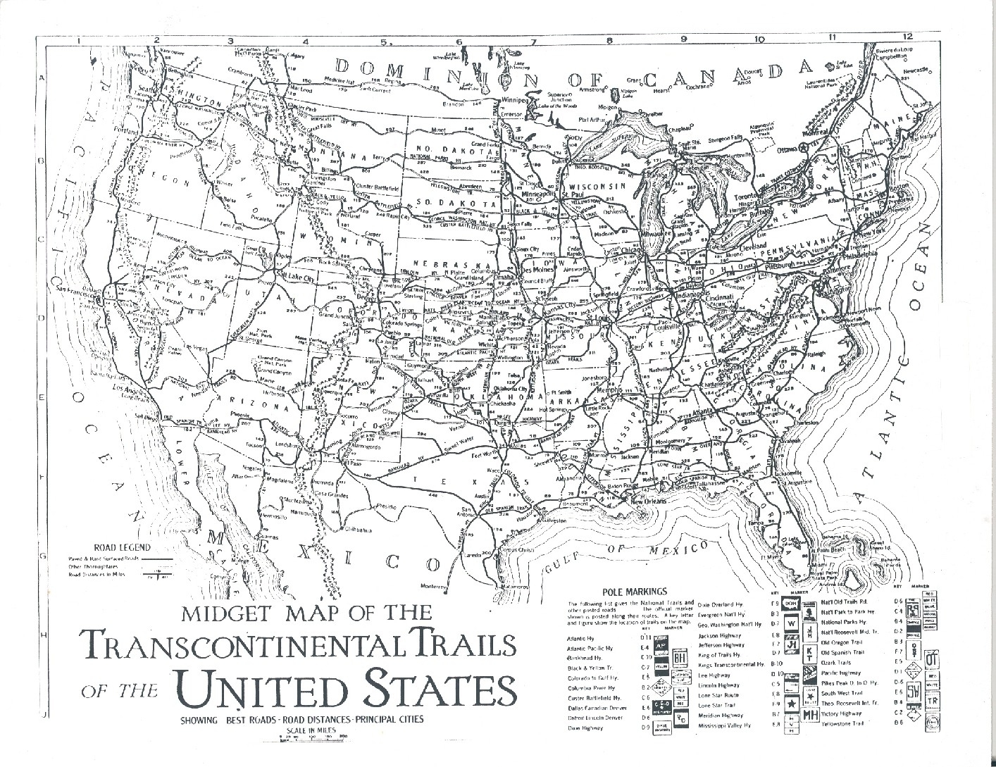 Midget Map of the Transcontental Trails of the United States showing best roads, rode distances, and principal cities