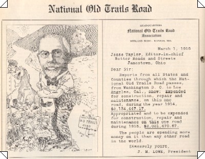 Better Roads and Streets printed a letter by Judge J. M. Lowe citing over $2 million in improvements for the National Old Trails Road in 1914.  An accompanying editorial cartoon depicted Judge Lowe at work creating