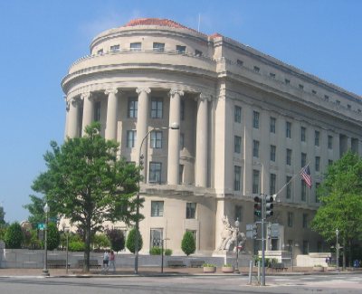 The Federal Trade Commission is shown on the south side of Pennsylvania Avenue between 6th and 7th Streets.  The statue alongside the building symbolizes humanity harnessing trade.