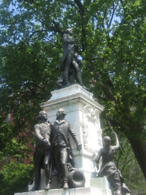 Lafayette Square across Pennsylvania from the White House is named after the Marquis de Lafayette, depicted atop this statue, who joined with George Washington during the Revolutionary War.  When Lafayette returned from his native France in 1825, he was greeted as a returning hero and honored with a parade along Pennsylvania Avenue.