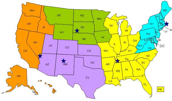A map of the United States showing the States targeted for each regional conference. The meeting in Albuquerque, New Mexico will cover Utah, Colorado, Kansas, Arizona, New Mexico, Kansas, Oklahoma and Texas. The meeting in Boston Massachusetts will cover Maine, New Hampshire, Vermont, New York, Massachusetts, Rhode Island, Connecticut, Pennsylvania, New Jersey, Maryland, Delaware, West Virginia and Virginia. The meeting in Rapid City, South Dakota will cover Montana, Wyoming, North Dakota, South Dakota, Nebraska, Minnesota and Iowa. The meeting in Henderson, Nevada will cover Washington, Oregon, Idaho, California, Nevada, Alaska and Hawaii