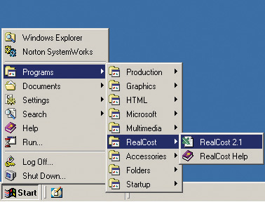 Figure 4. RealCost on the Windows Start menu. RealCost on the Windows Start menu. To start RealCost, the user is instructed to select Programs on the Windows Start menu, RealCost on the Programs menu, and RealCost 2.1 on the RealCost menu. The RealCost menu shows a second option, RealCost Help, which is not selected in the figure.