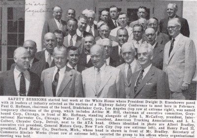 In July 1953, President Eisenhower met with business leaders at the White House to discuss their role in reducing highway accidents.  (Photo from Transport Topics, August 3, 1953.)