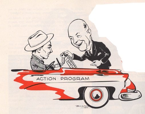 Cartoon from Public Safety (March 1954) coverage of the 1954 White House Conference on Highway Safety.