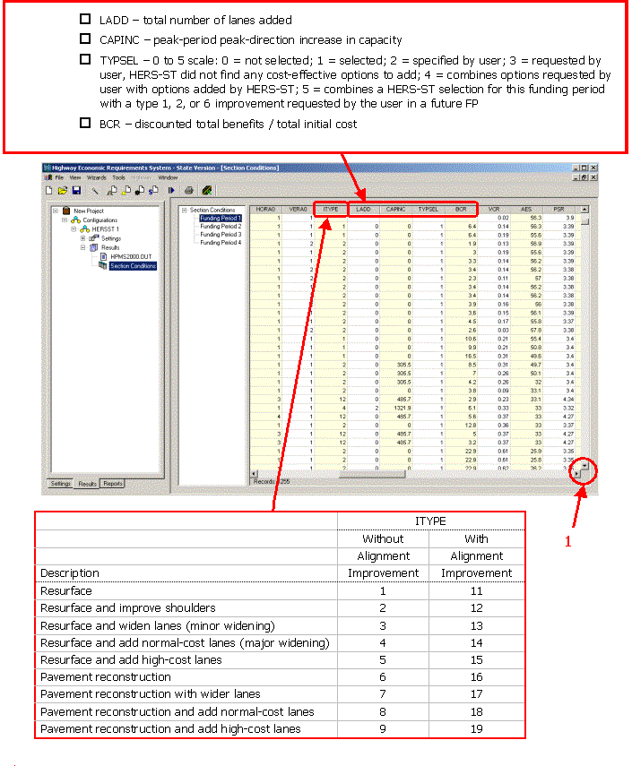 HERS-ST Screen Shot: Application Window - showing section improvements, click for column headers and I type